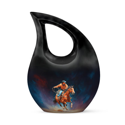Black Sacred Cowboy Cremation Urns for Human Ashes - 10-inch, 200 cu in - Yatskia