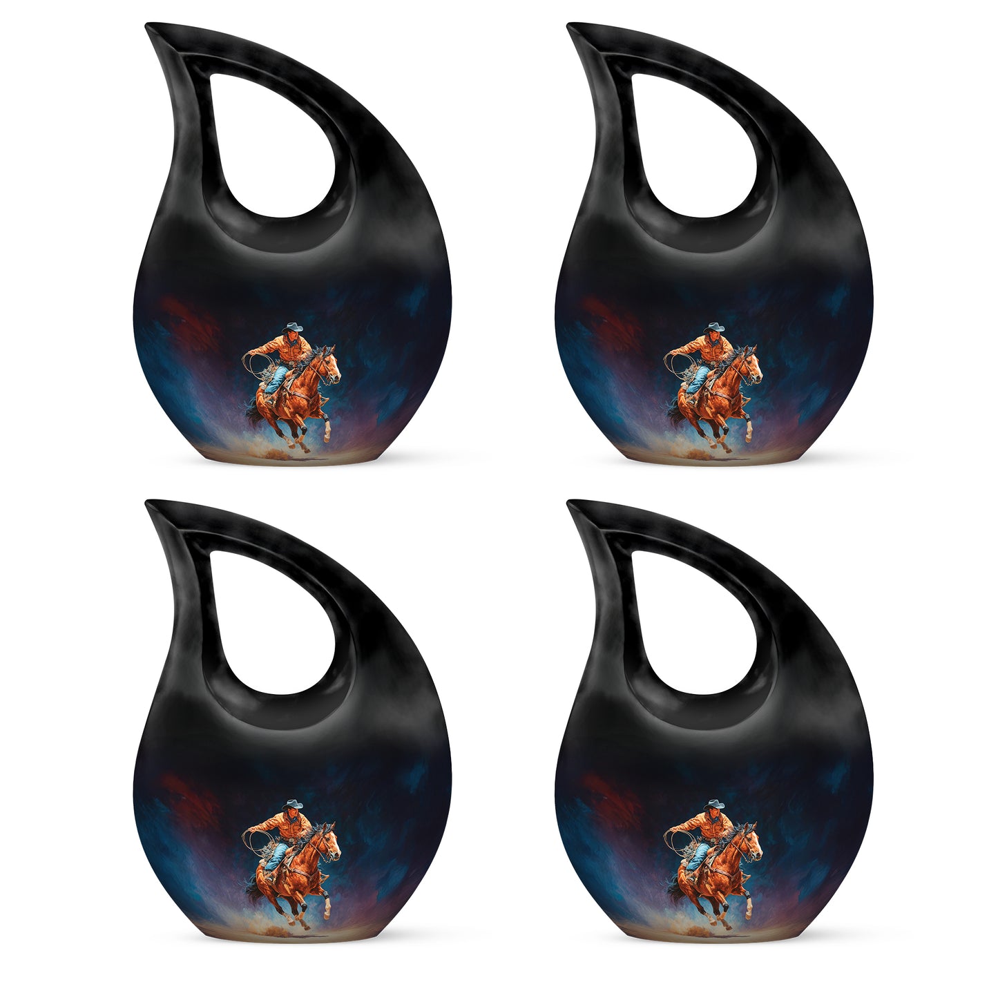Rich Black Cowboy Cremation Urn lifestyle display on memorial shelf - sacred cross merged with cowboy motif on metal - 10 inch aluminum urn for cremated remains