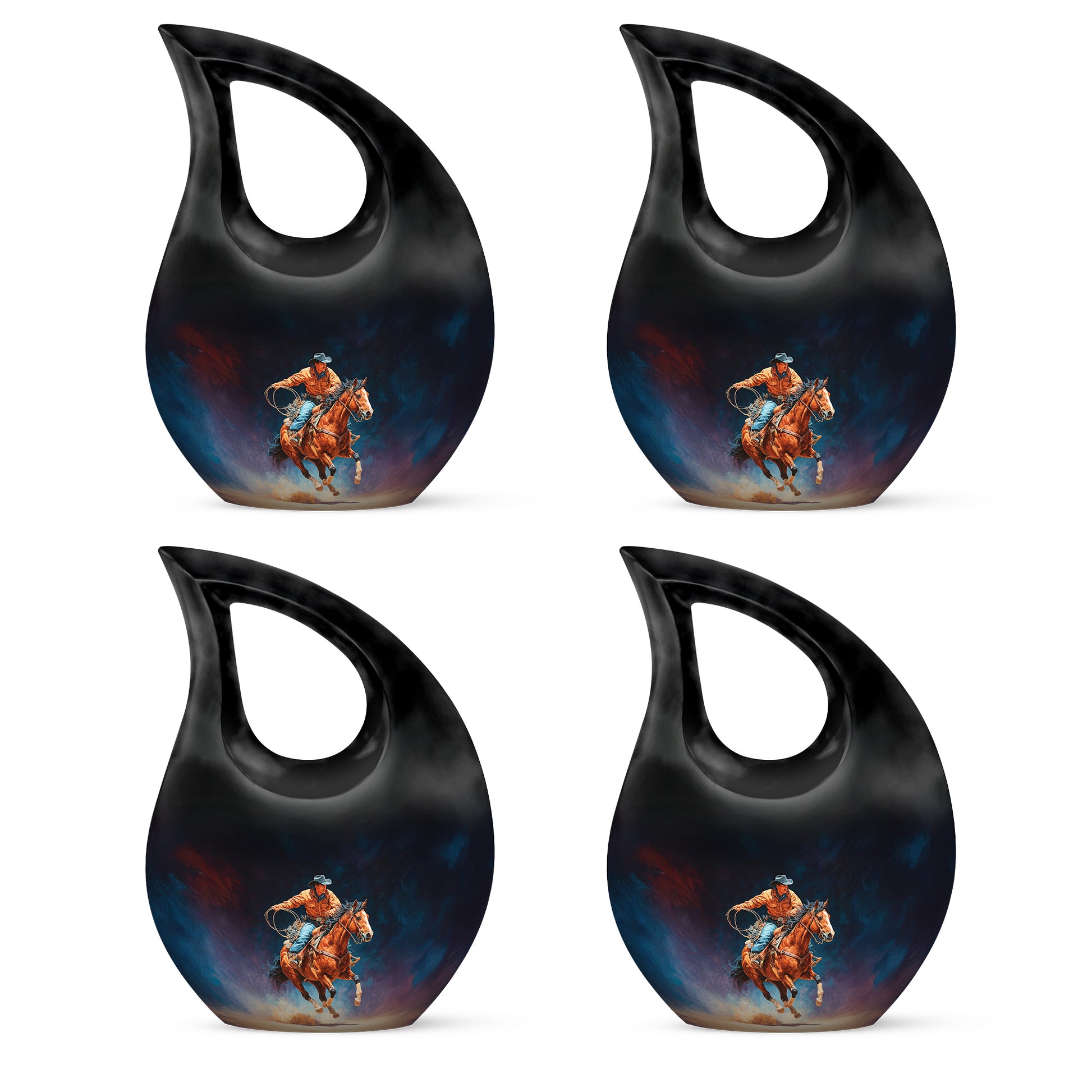 Rich Black Cowboy Cremation Urn lifestyle display on memorial shelf - sacred cross merged with cowboy motif on metal - 10 inch aluminum urn for cremated remains