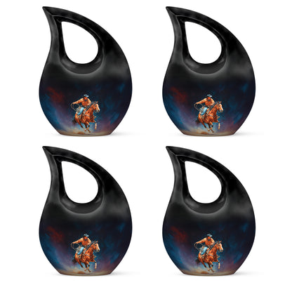 Rich Black Cowboy Cremation Urn lifestyle display on memorial shelf - sacred cross merged with cowboy motif on metal - 10 inch aluminum urn for cremated remains