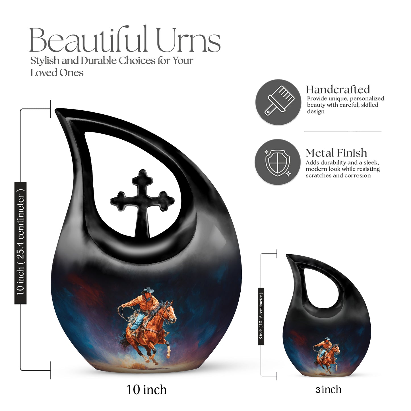 Dark Black Cowboy Cremation Urn back view with polished surface - devotional cross-drop cowboy engraving - mini keepsake memorial for portion of cremation ashes