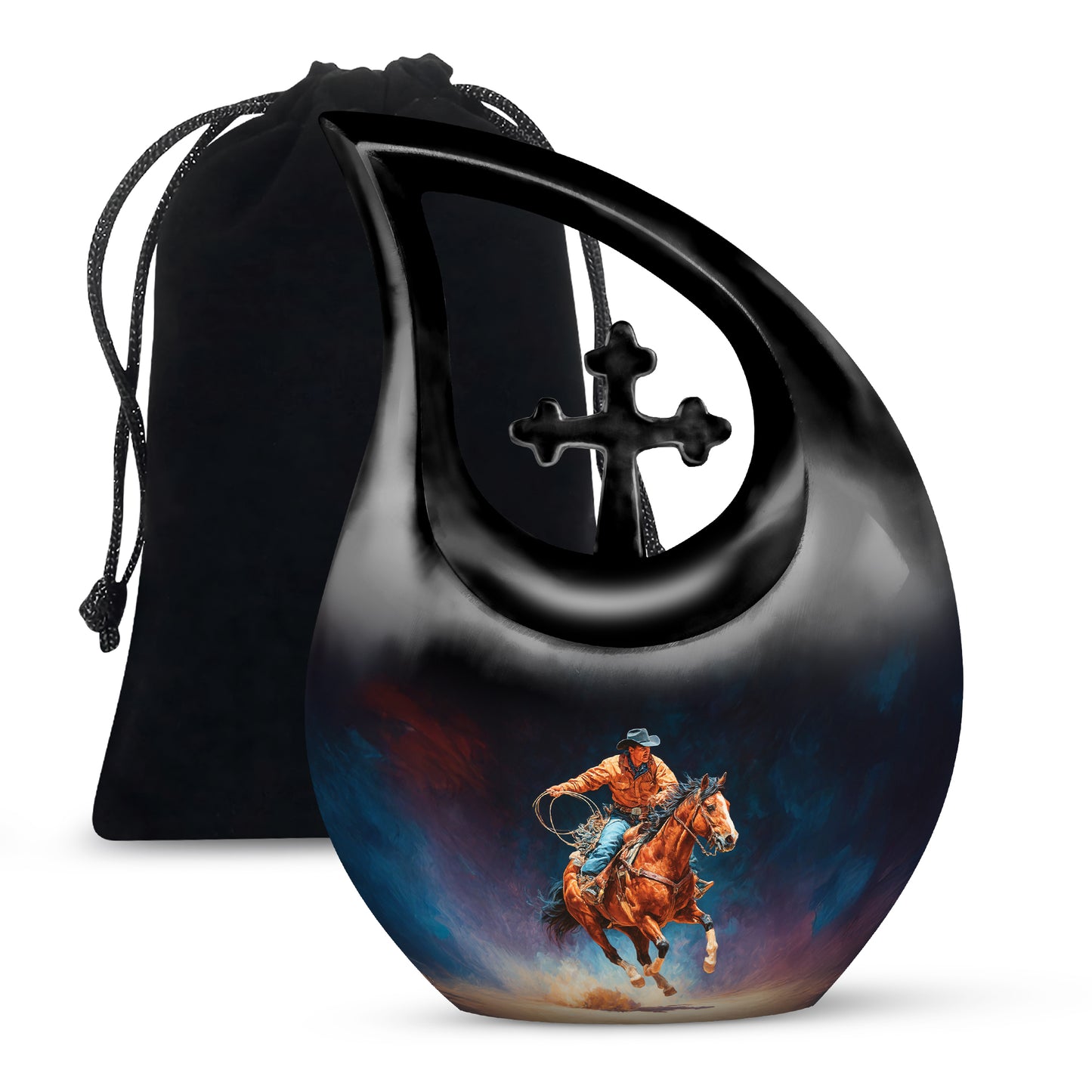 Ebony Cowboy Cremation Urn top-down view of secure threaded lid - cross and cowboy combined in spiritual memorial design - full-size 10 inch 200 cubic inch adult cremation urn