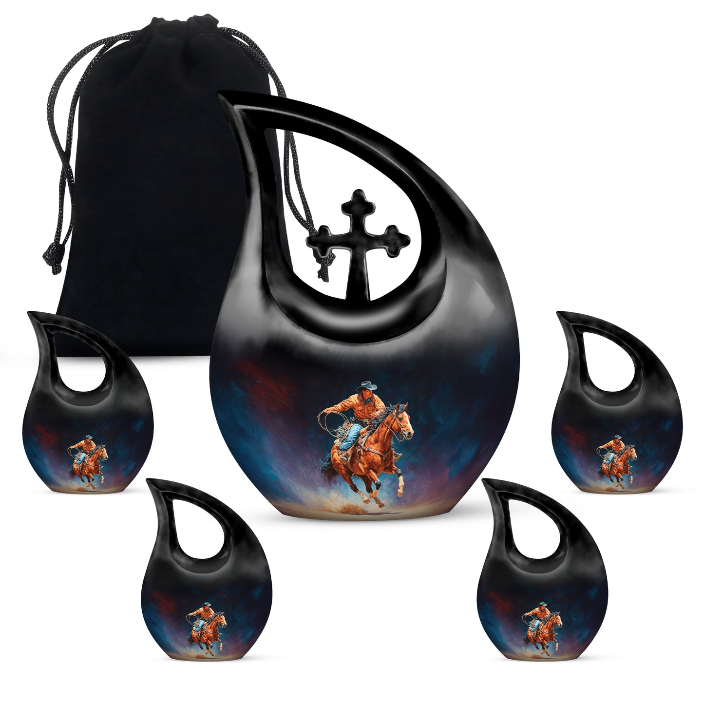 Glossy Black Cowboy Cremation Urn urn with complimentary velvet bag - cross and cowboy combined in spiritual memorial design - memorial set with one large and four small urns