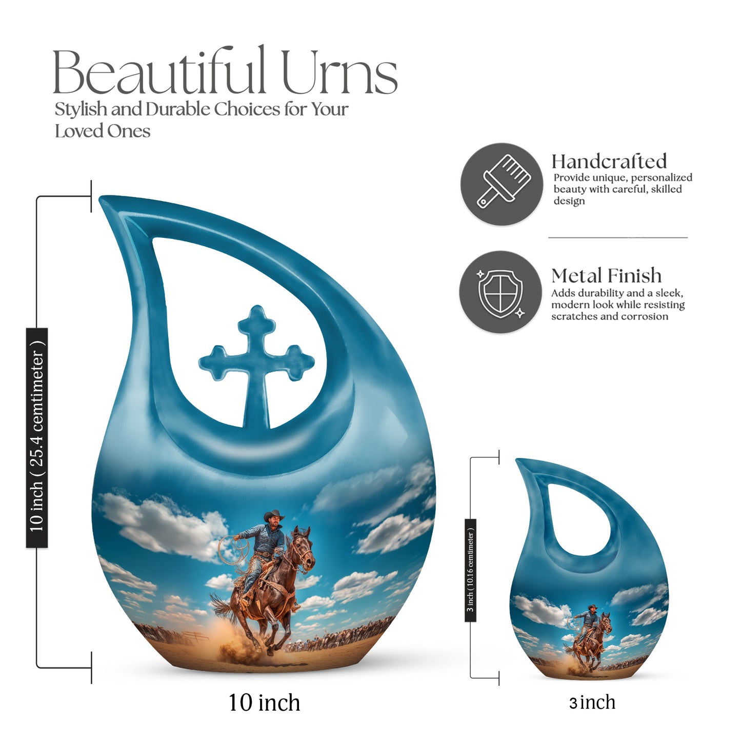 Bright Blue Cowboy Cremation Urn back view with polished surface - faith-inspired cross-drop urn with cowboy pattern - mini keepsake memorial for portion of cremation ashes