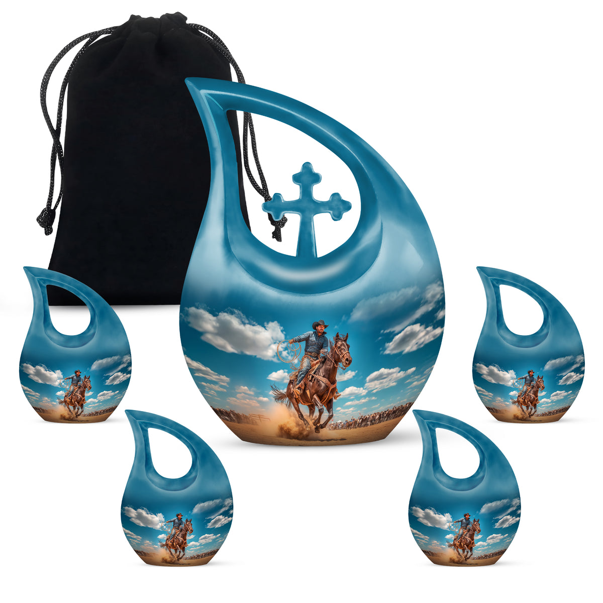 Calming Blue Cowboy Cremation Urn urn with complimentary velvet bag - devotional cross-drop cowboy engraving - memorial set with one large and four small urns