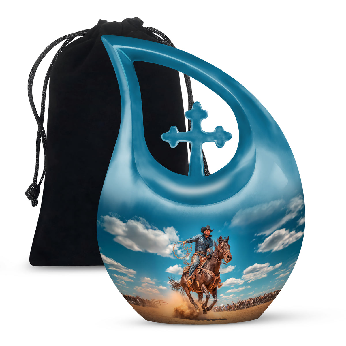 Powder Blue Cowboy Cremation Urn top-down view of secure threaded lid - sacred cross merged with cowboy motif on metal - full-size 10 inch 200 cubic inch adult cremation urn