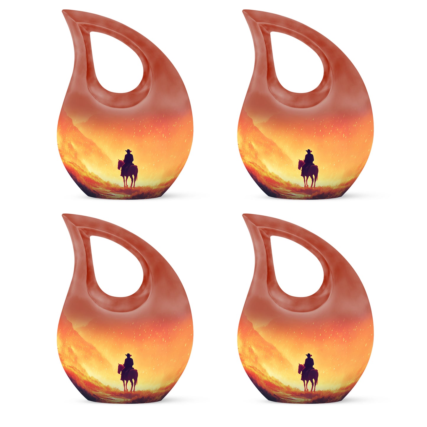 Sunrise Gold Cowboy Cremation Urn lifestyle display on memorial shelf - sacred cross merged with cowboy motif on metal - 10 inch aluminum urn for cremated remains