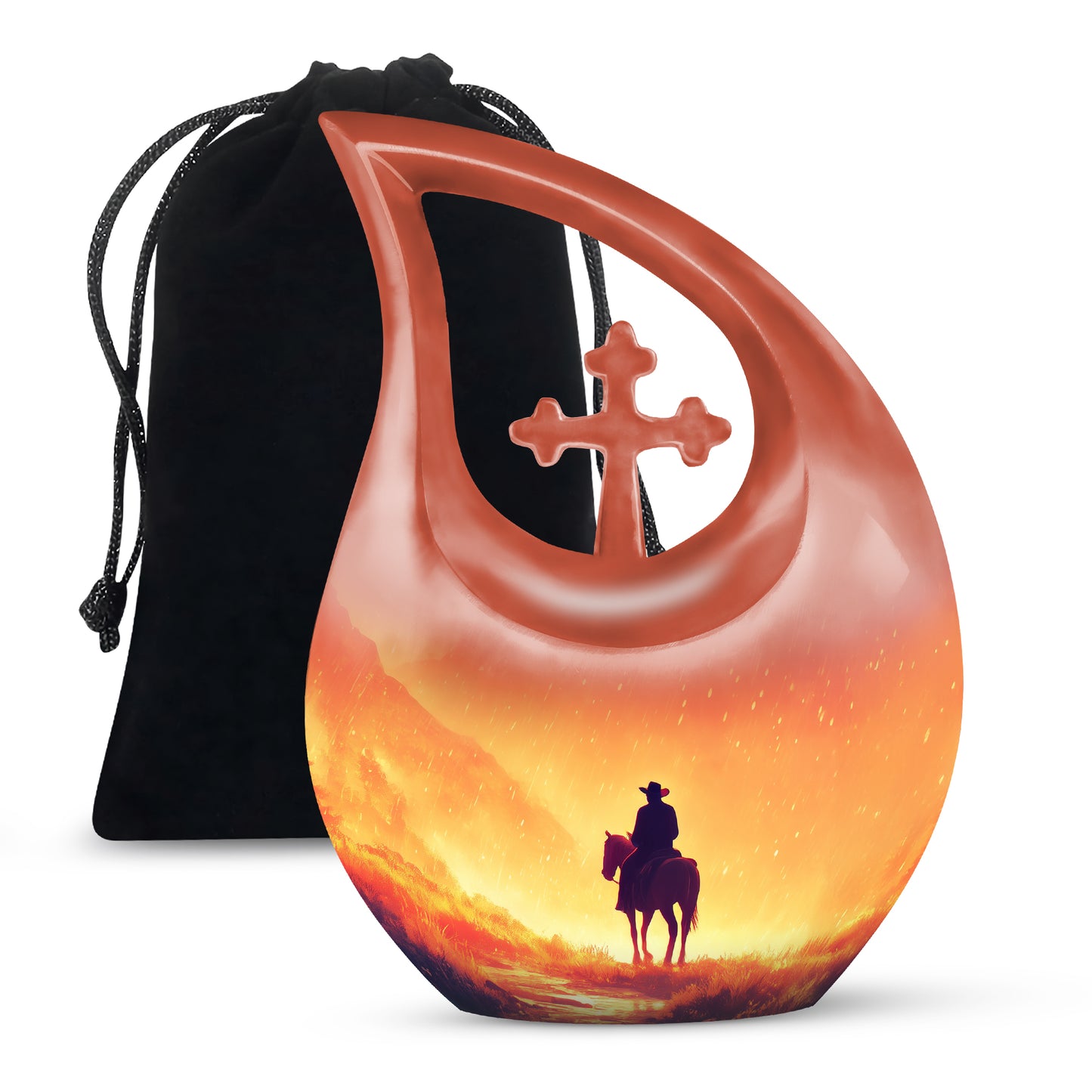 Royal Gold Cowboy Cremation Urn top-down view of secure threaded lid - devotional cross-drop cowboy engraving - full-size 10 inch 200 cubic inch adult cremation urn