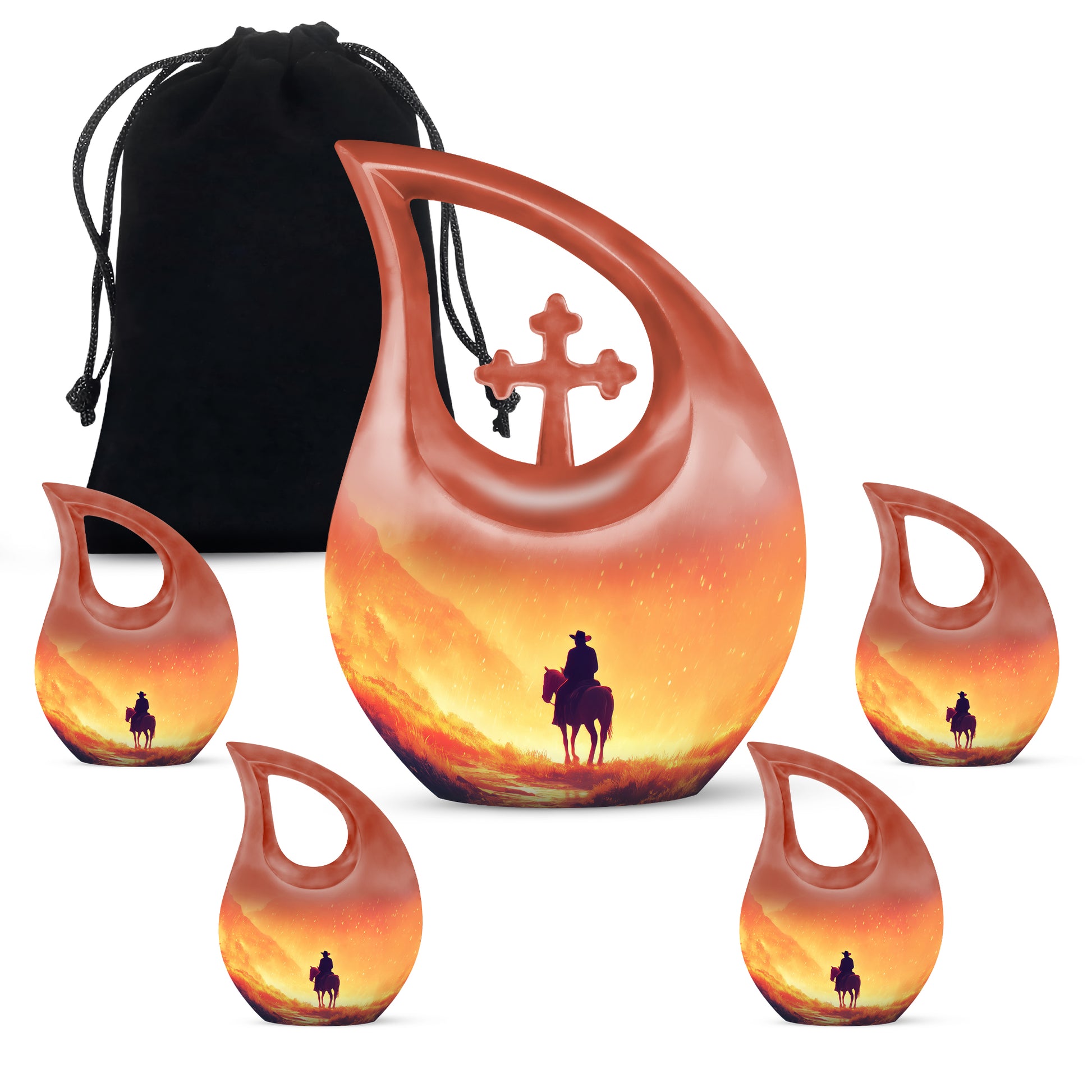Gilded Gold Cowboy Cremation Urn urn with complimentary velvet bag - cross and cowboy combined in spiritual memorial design - memorial set with one large and four small urns