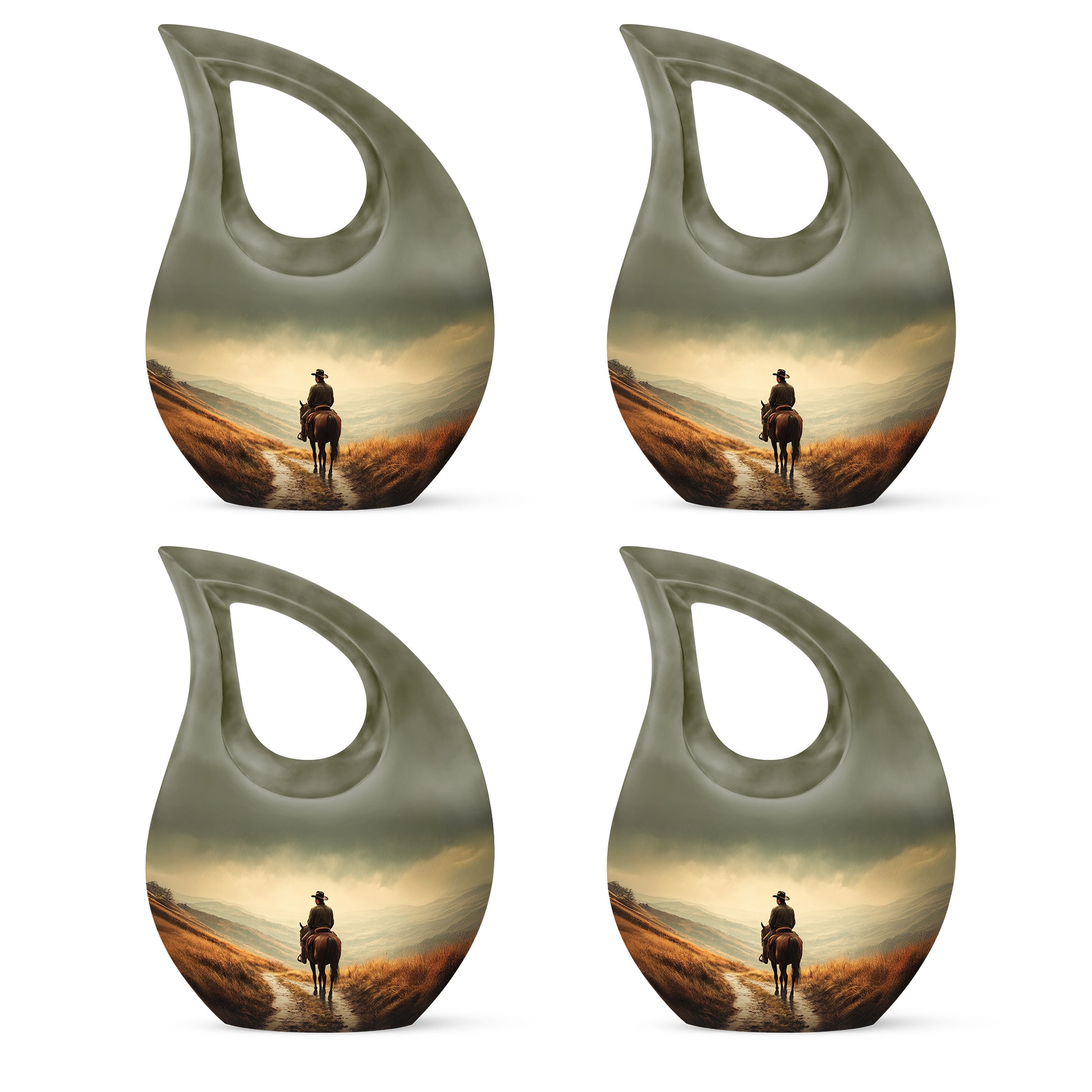 Lemon Yellow Cowboy Cremation Urn lifestyle display on memorial shelf - devotional cross-drop cowboy engraving - 10 inch aluminum urn for cremated remains