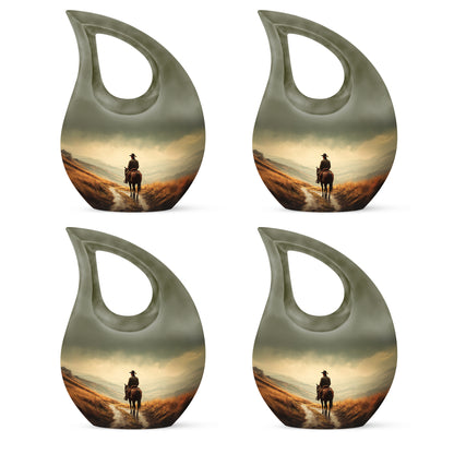 Lemon Yellow Cowboy Cremation Urn lifestyle display on memorial shelf - devotional cross-drop cowboy engraving - 10 inch aluminum urn for cremated remains