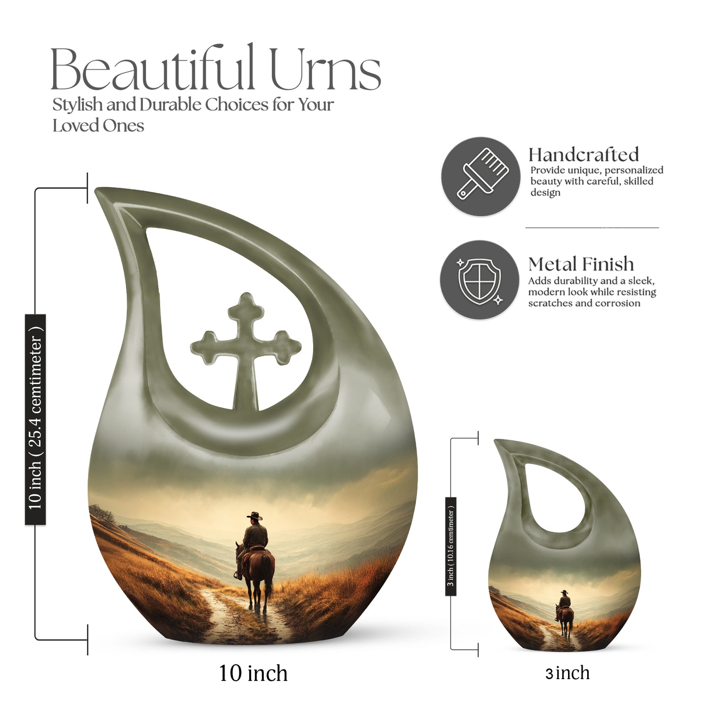 Golden Yellow Cowboy Cremation Urn back view with polished surface - cross and cowboy combined in spiritual memorial design - mini keepsake memorial for portion of cremation ashes