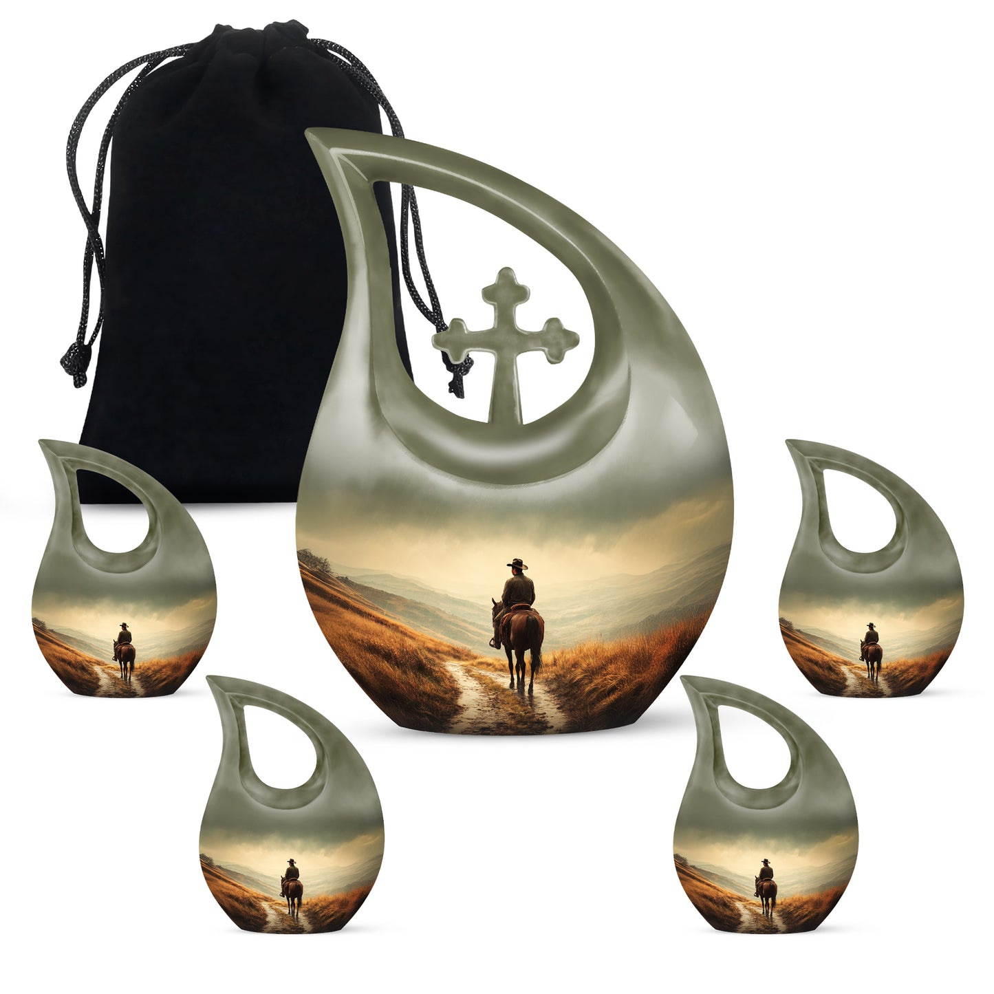 Honey Yellow Cowboy Cremation Urn urn with complimentary velvet bag - devotional cross-drop cowboy engraving - memorial set with one large and four small urns