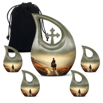 Honey Yellow Cowboy Cremation Urn urn with complimentary velvet bag - devotional cross-drop cowboy engraving - memorial set with one large and four small urns