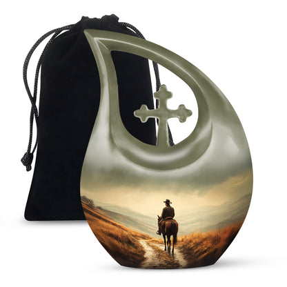 Soft Yellow Cowboy Cremation Urn top-down view of secure threaded lid - faith-inspired cross-drop urn with cowboy pattern - full-size 10 inch 200 cubic inch adult cremation urn