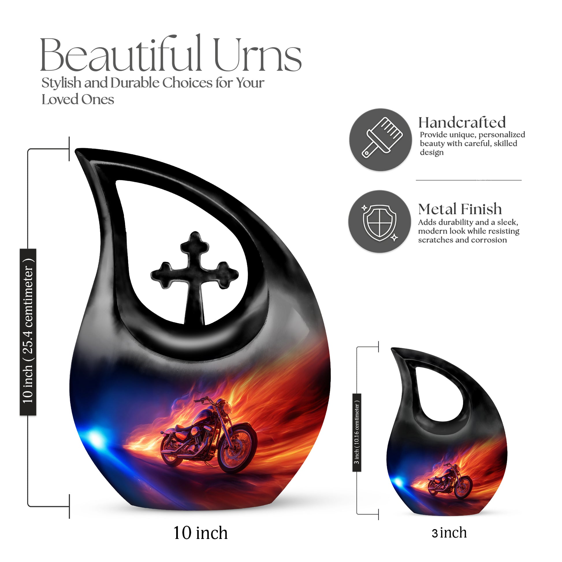Bright Blue Bike Cremation Urn back view with polished surface - faith-inspired cross-drop urn with bike pattern - mini keepsake memorial for portion of cremation ashes