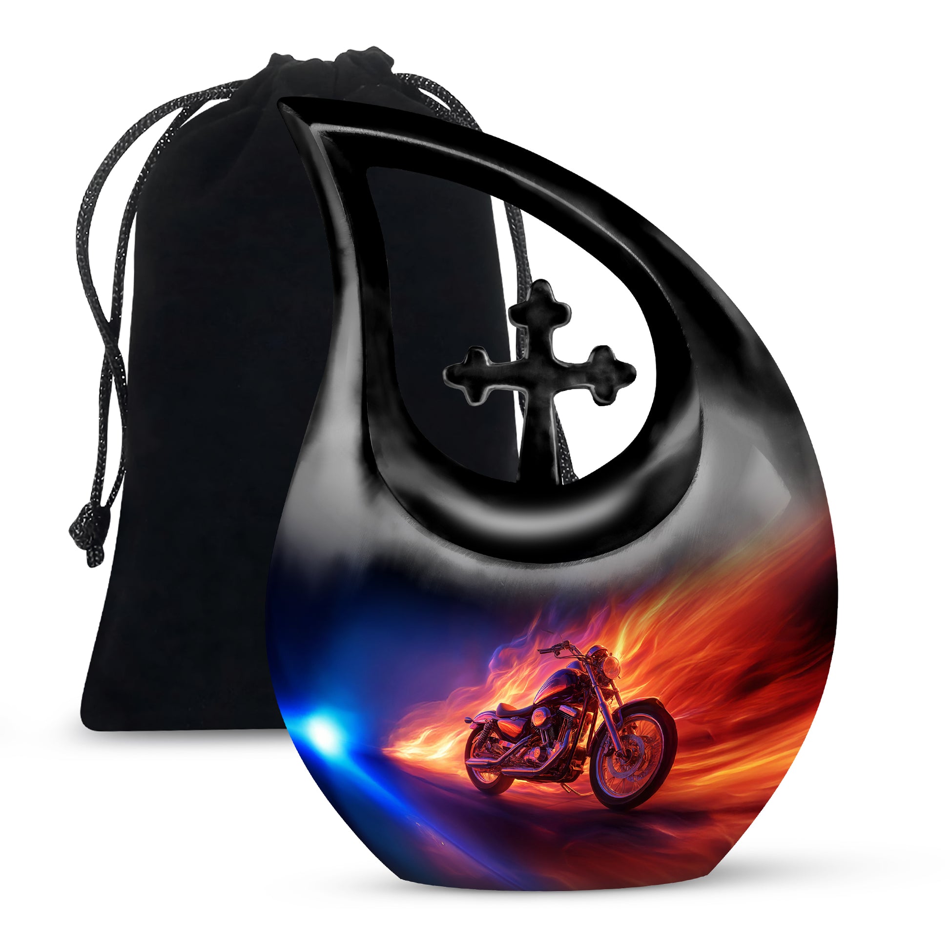 Calming Blue Bike Cremation Urn top-down view of secure threaded lid - devotional cross-drop bike engraving - full-size 10 inch 200 cubic inch adult cremation urn