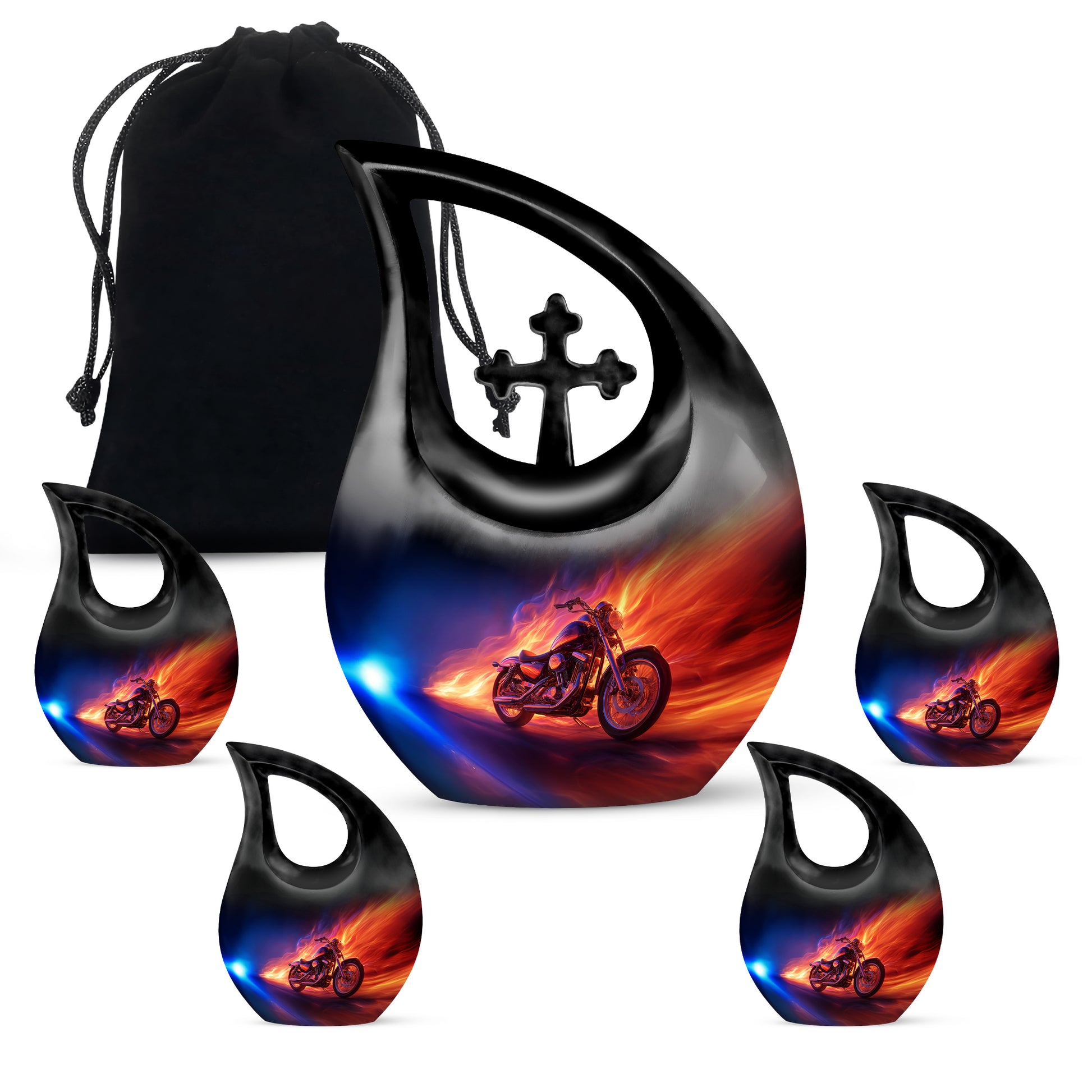 Slate Blue Bike Cremation Urn urn with complimentary velvet bag - cross and bike combined in spiritual memorial design - memorial set with one large and four small urns
