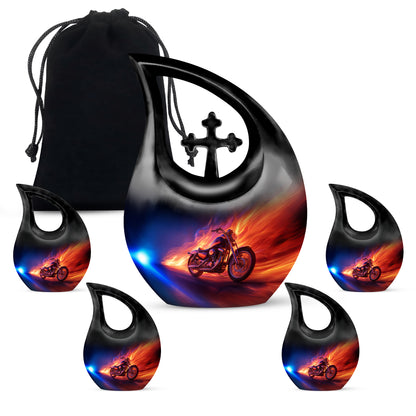 Slate Blue Bike Cremation Urn urn with complimentary velvet bag - cross and bike combined in spiritual memorial design - memorial set with one large and four small urns