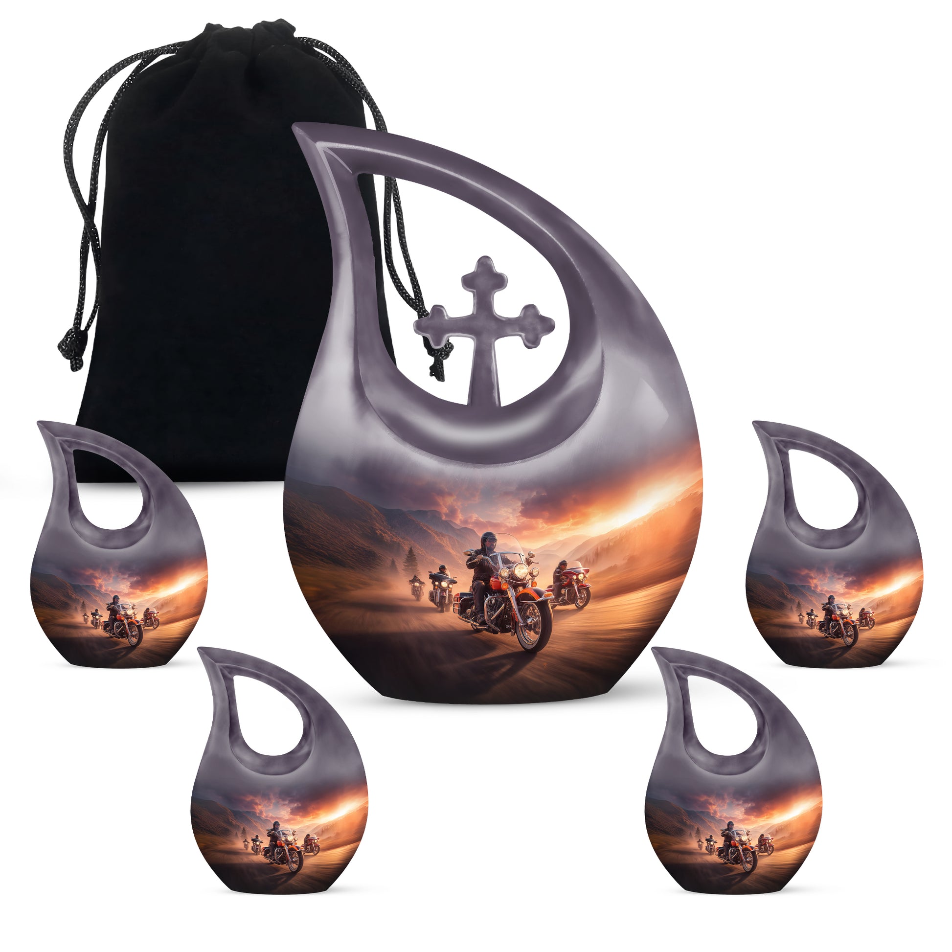 Petal Pink Bike Cremation Urn urn with complimentary velvet bag - faith-inspired cross-drop urn with bike pattern - memorial set with one large and four small urns