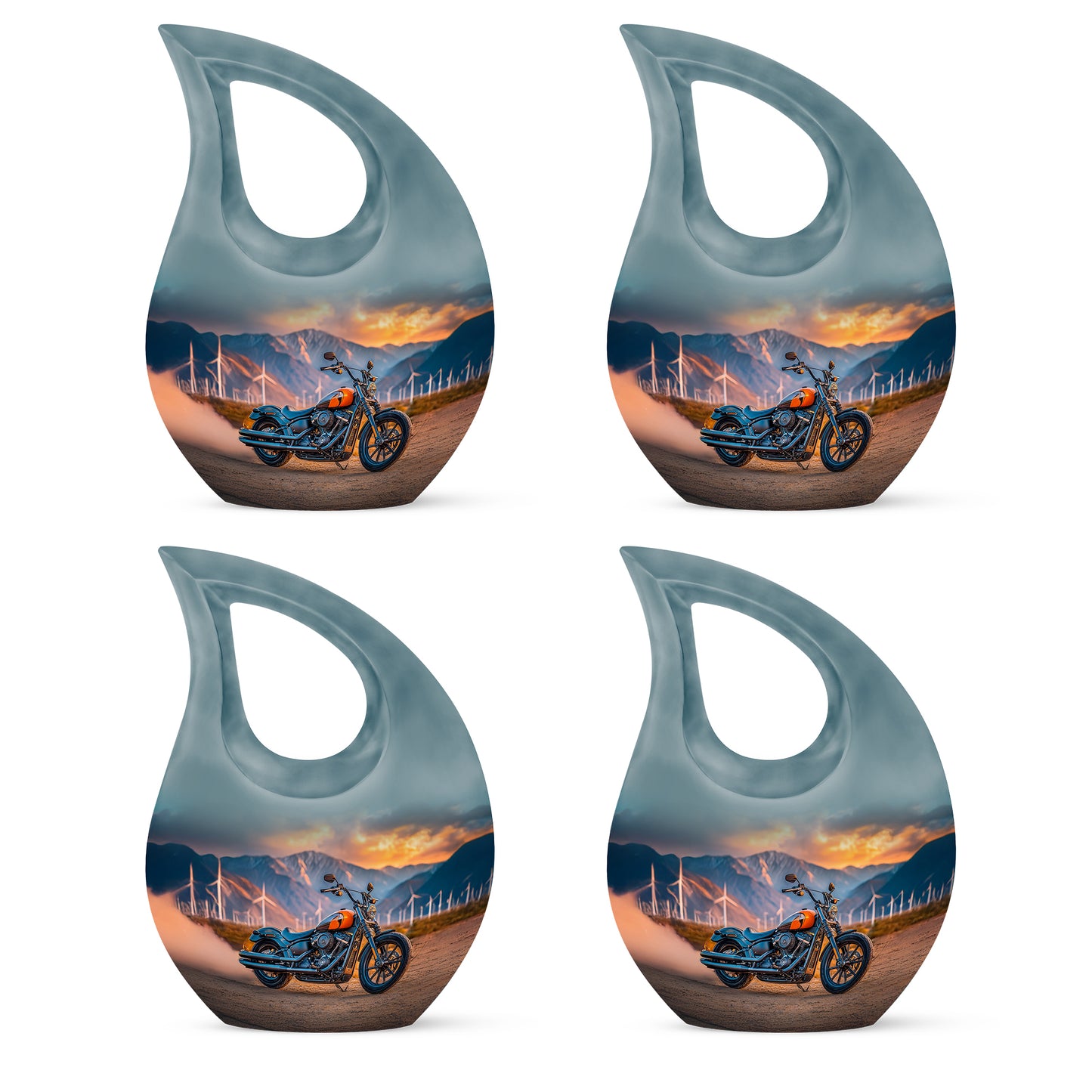 Jewel Teal Bike Cremation Urn lifestyle display on memorial shelf - sacred cross merged with bike motif on metal - 10 inch aluminum urn for cremated remains