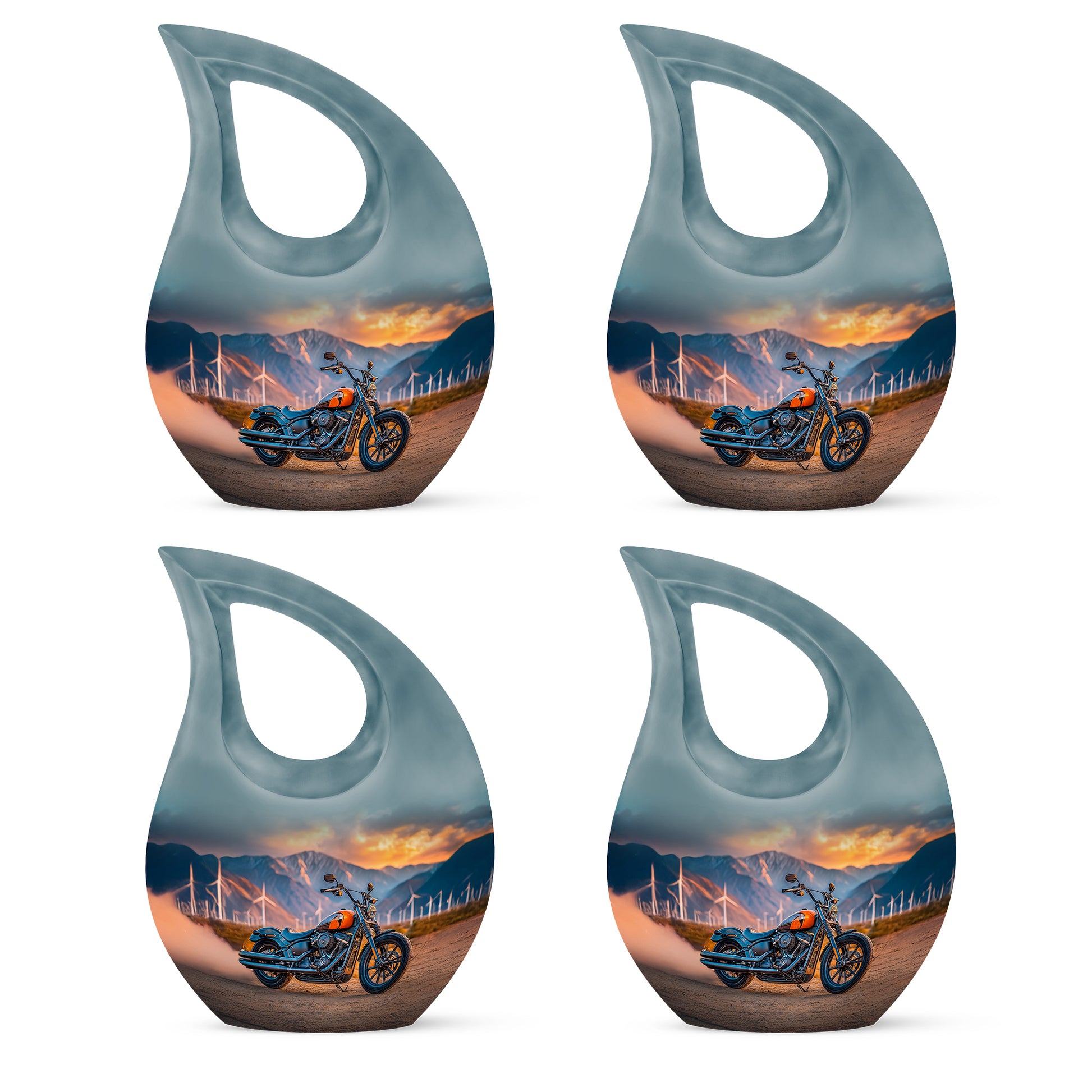 Jewel Teal Bike Cremation Urn lifestyle display on memorial shelf - sacred cross merged with bike motif on metal - 10 inch aluminum urn for cremated remains