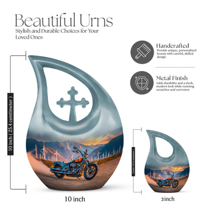 Aqua Teal Bike Cremation Urn back view with polished surface - faith-inspired cross-drop urn with bike pattern - mini keepsake memorial for portion of cremation ashes