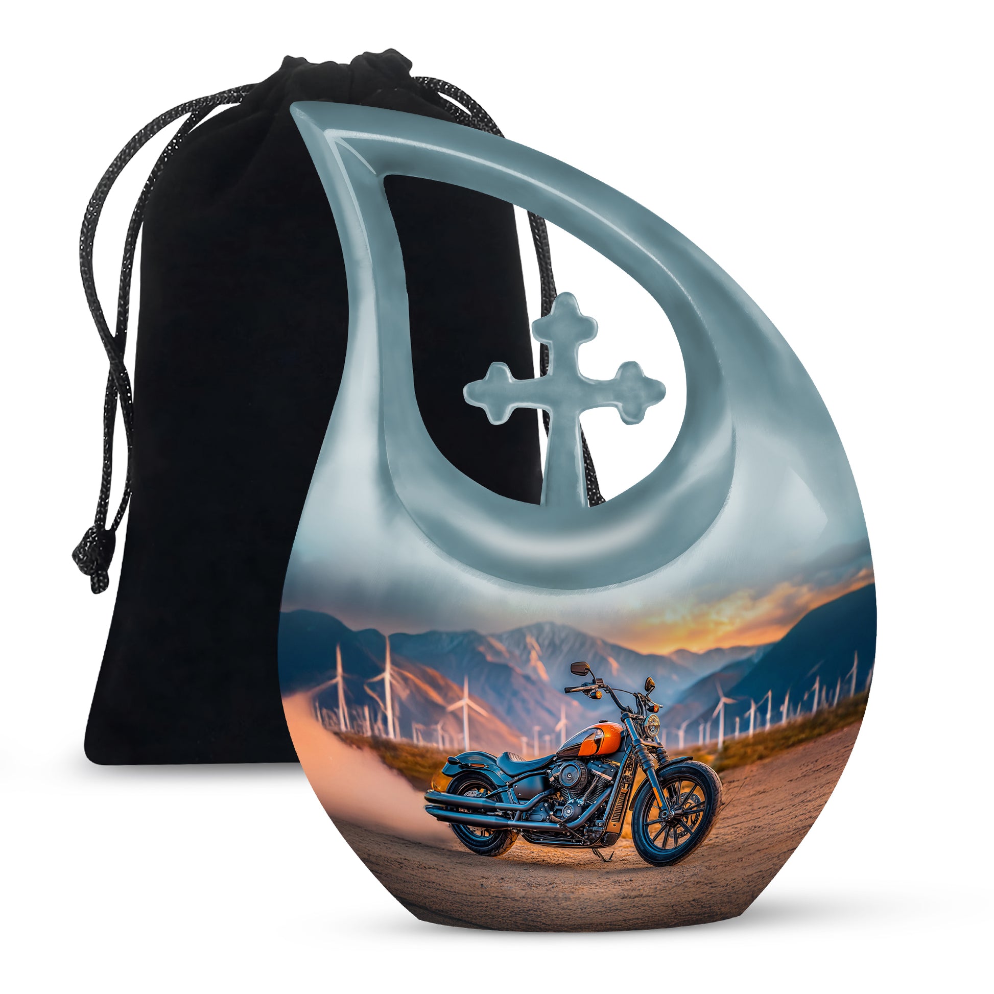 Ocean Teal Bike Cremation Urn top-down view of secure threaded lid - sacred cross merged with bike motif on metal - full-size 10 inch 200 cubic inch adult cremation urn