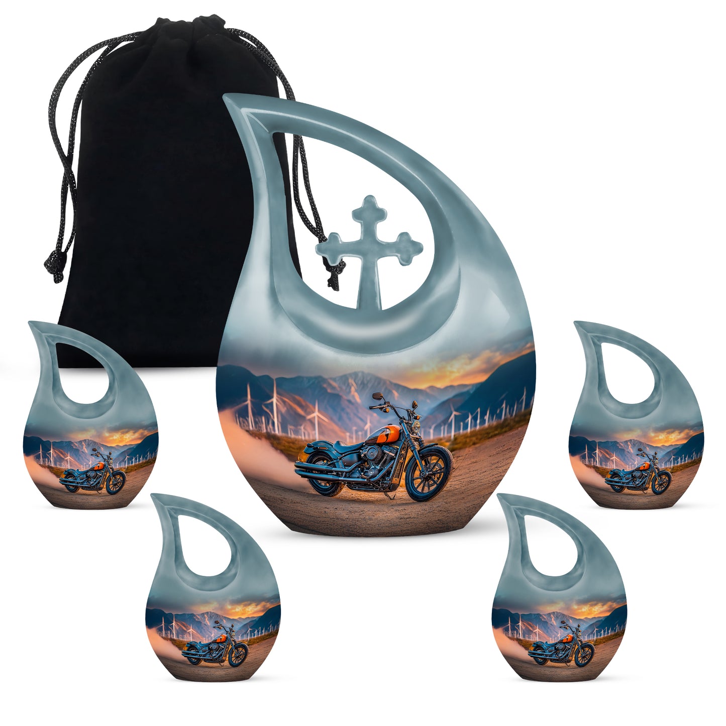 Deep Teal Bike Cremation Urn urn with complimentary velvet bag - faith-inspired cross-drop urn with bike pattern - memorial set with one large and four small urns