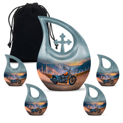 Deep Teal Bike Cremation Urn urn with complimentary velvet bag - faith-inspired cross-drop urn with bike pattern - memorial set with one large and four small urns