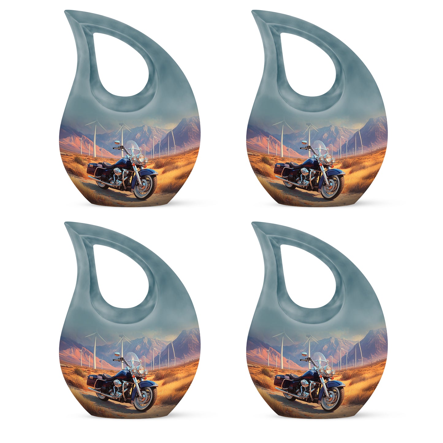 Sunrise Gold Bike Cremation Urn lifestyle display on memorial shelf - cross and bike combined in spiritual memorial design - 10 inch aluminum urn for cremated remains