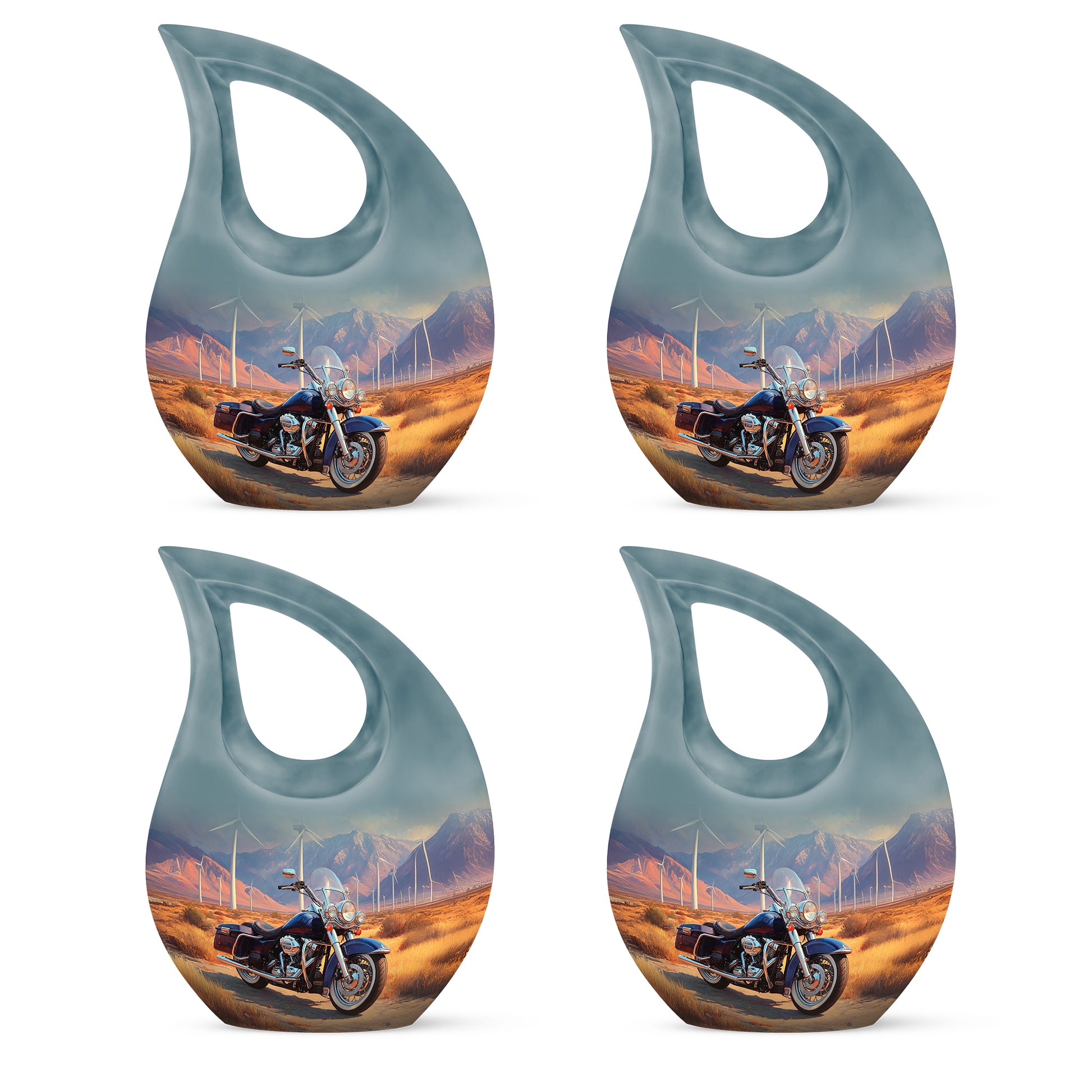 Sunrise Gold Bike Cremation Urn lifestyle display on memorial shelf - cross and bike combined in spiritual memorial design - 10 inch aluminum urn for cremated remains