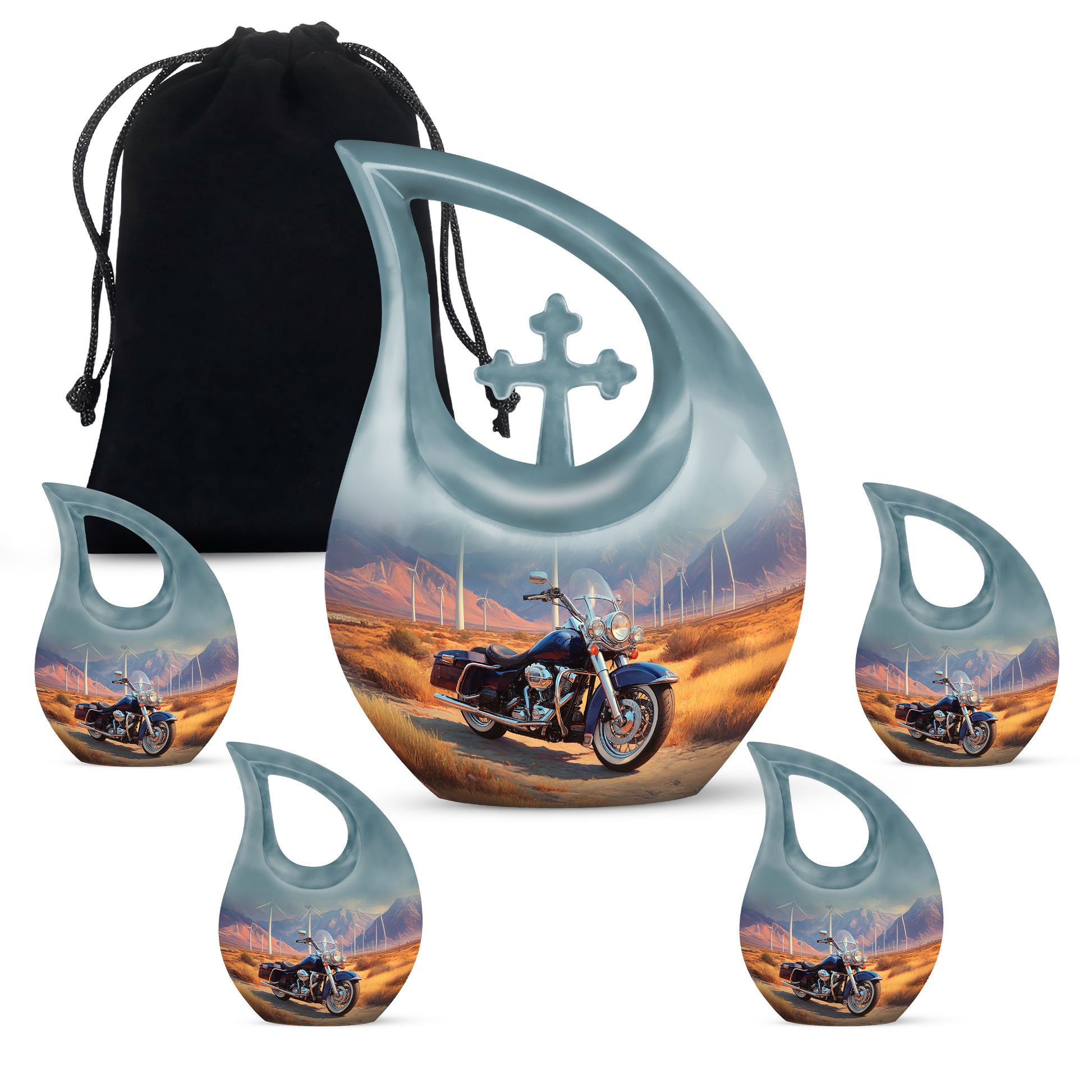 Amber Gold Bike Cremation Urn urn with complimentary velvet bag - cross and bike combined in spiritual memorial design - memorial set with one large and four small urns