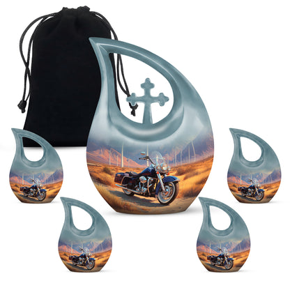 Amber Gold Bike Cremation Urn urn with complimentary velvet bag - cross and bike combined in spiritual memorial design - memorial set with one large and four small urns