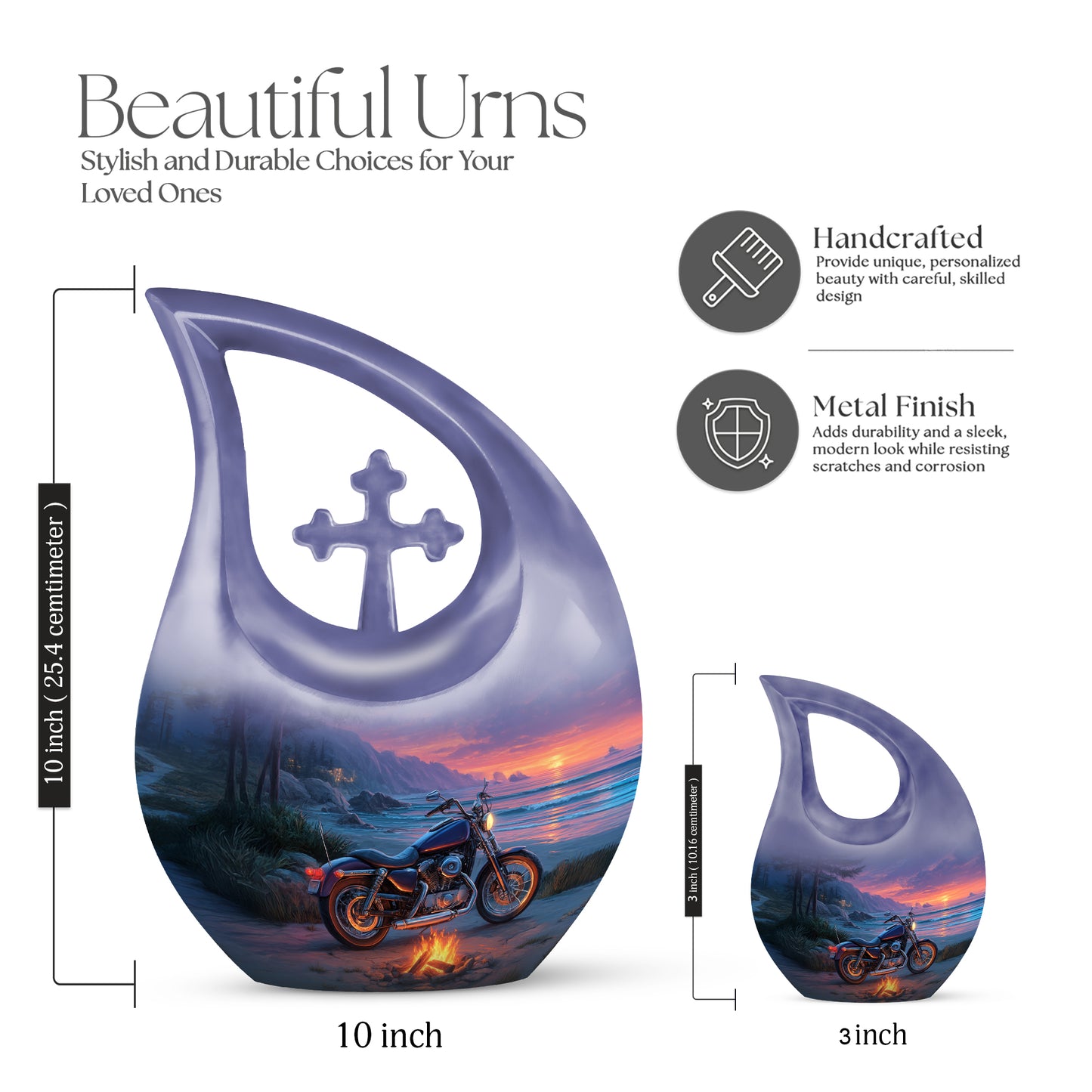 Twilight Blue Bike Cremation Urn back view with polished surface - devotional cross-drop bike engraving - mini keepsake memorial for portion of cremation ashes