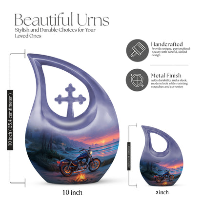 Twilight Blue Bike Cremation Urn back view with polished surface - devotional cross-drop bike engraving - mini keepsake memorial for portion of cremation ashes