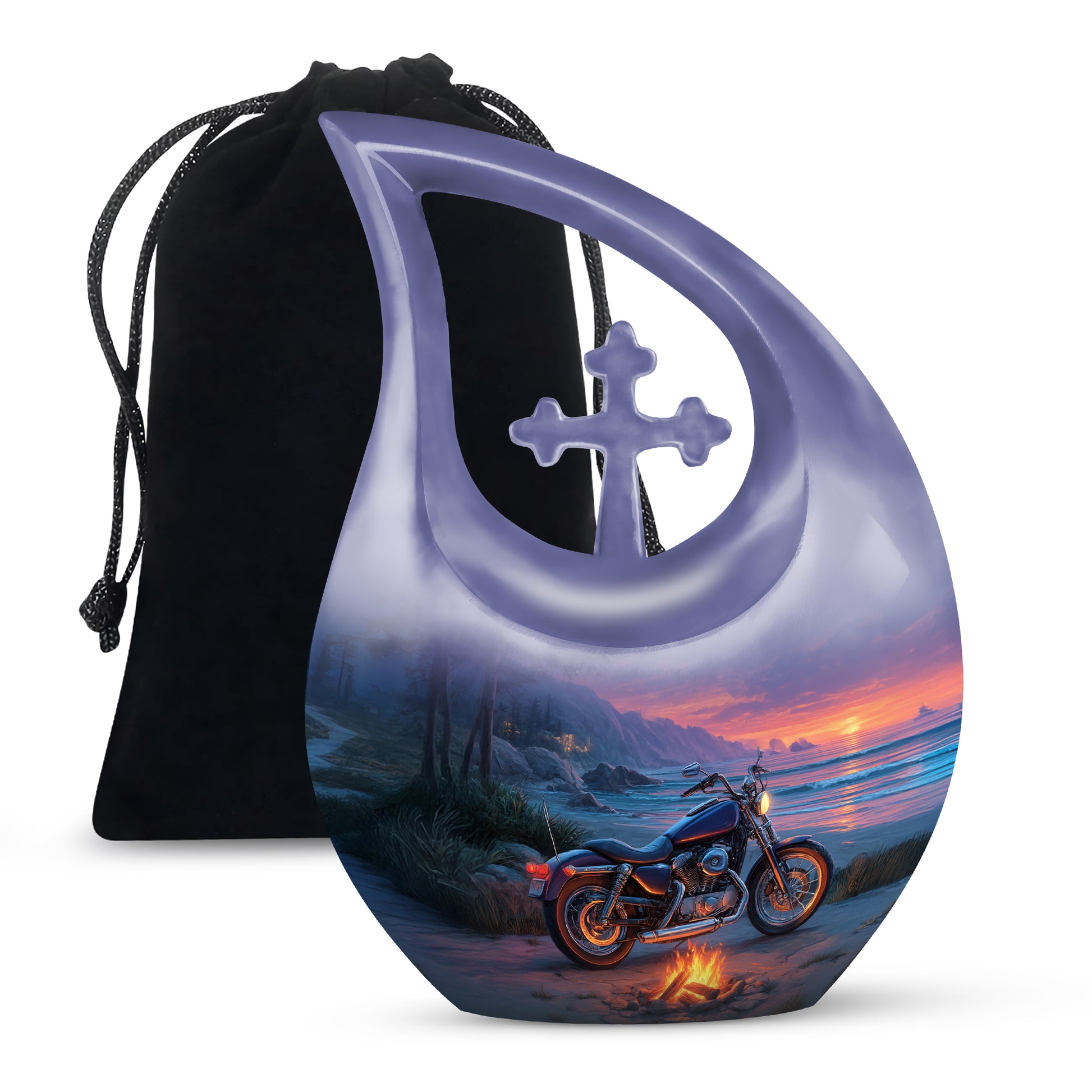 Vivid Blue Bike Cremation Urn top-down view of secure threaded lid - devotional cross-drop bike engraving - full-size 10 inch 200 cubic inch adult cremation urn