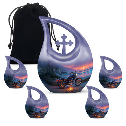 Celestial Blue Bike Cremation Urn urn with complimentary velvet bag - sacred cross merged with bike motif on metal - memorial set with one large and four small urns