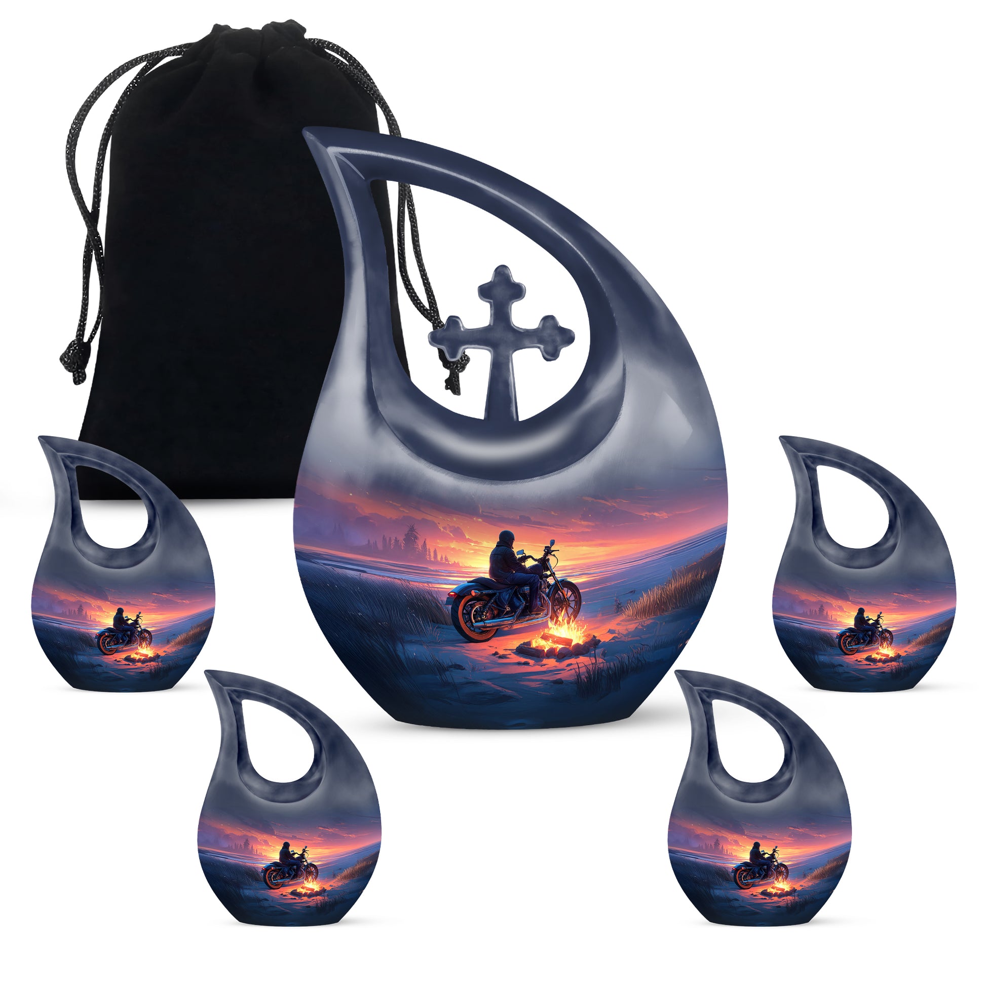Twilight Blue Bike Cremation Urn urn with complimentary velvet bag - devotional cross-drop bike engraving - memorial set with one large and four small urns