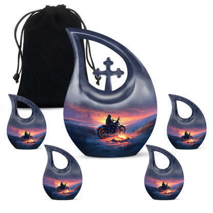 Twilight Blue Bike Cremation Urn urn with complimentary velvet bag - devotional cross-drop bike engraving - memorial set with one large and four small urns