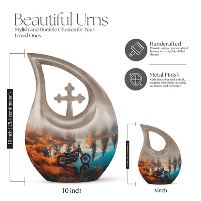 Harvest Gold Bike Cremation Urn back view with polished surface - faith-inspired cross-drop urn with bike pattern - mini keepsake memorial for portion of cremation ashes