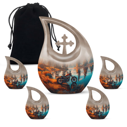 Champagne Gold Bike Cremation Urn urn with complimentary velvet bag - sacred cross merged with bike motif on metal - memorial set with one large and four small urns