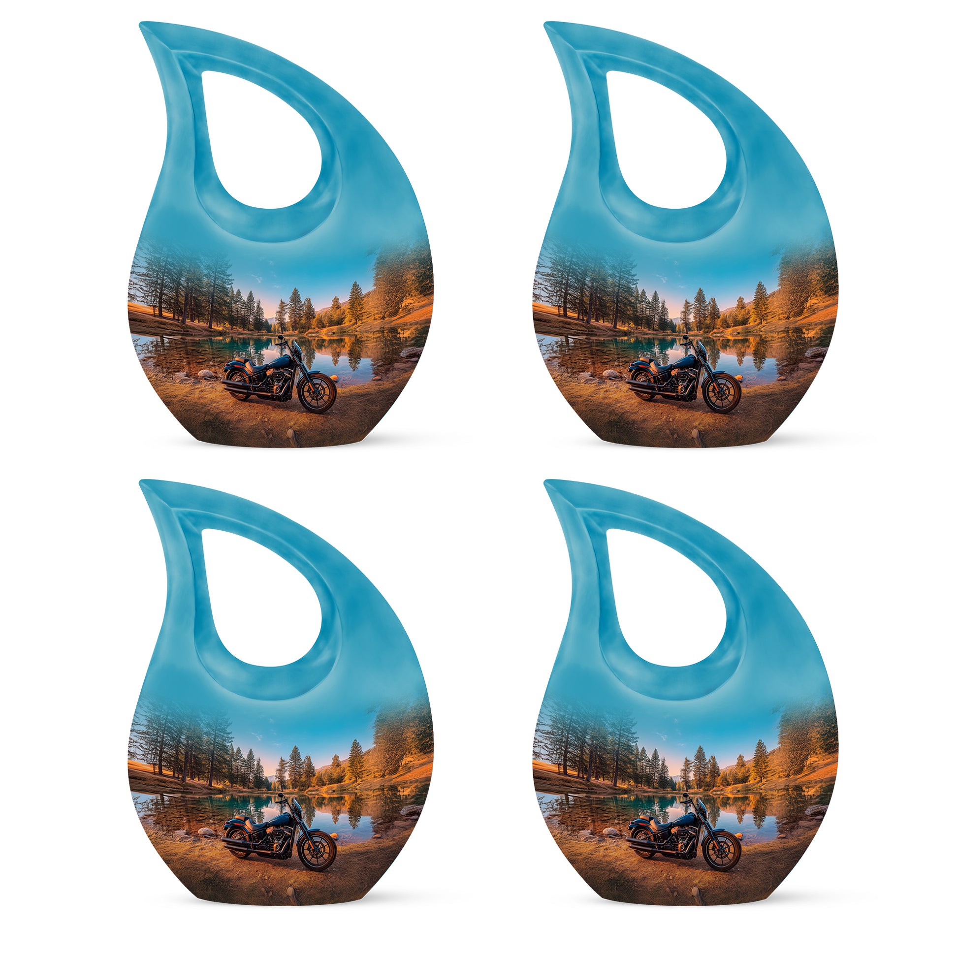 Mystic Teal Bike Cremation Urn lifestyle display on memorial shelf - devotional cross-drop bike engraving - 10 inch aluminum urn for cremated remains