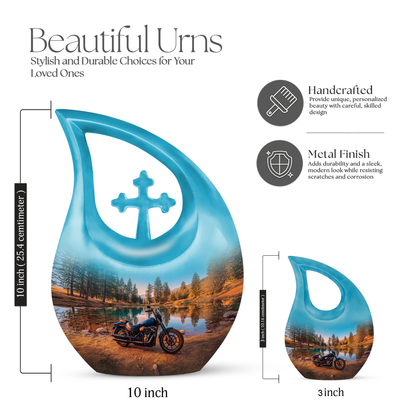 Sea Green Teal Bike Cremation Urn back view with polished surface - sacred cross merged with bike motif on metal - mini keepsake memorial for portion of cremation ashes
