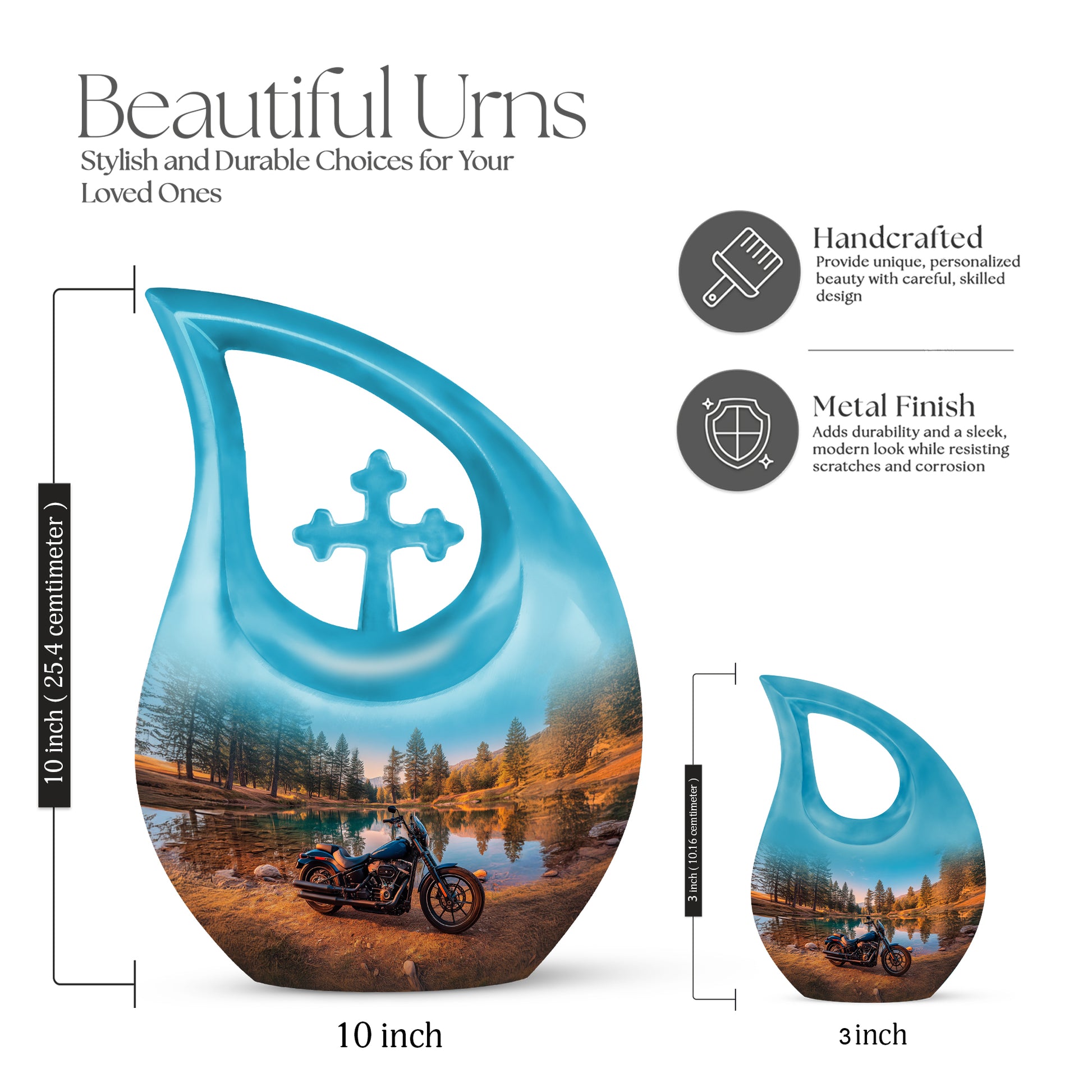 Sea Green Teal Bike Cremation Urn back view with polished surface - sacred cross merged with bike motif on metal - mini keepsake memorial for portion of cremation ashes