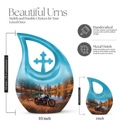 Sea Green Teal Bike Cremation Urn back view with polished surface - sacred cross merged with bike motif on metal - mini keepsake memorial for portion of cremation ashes