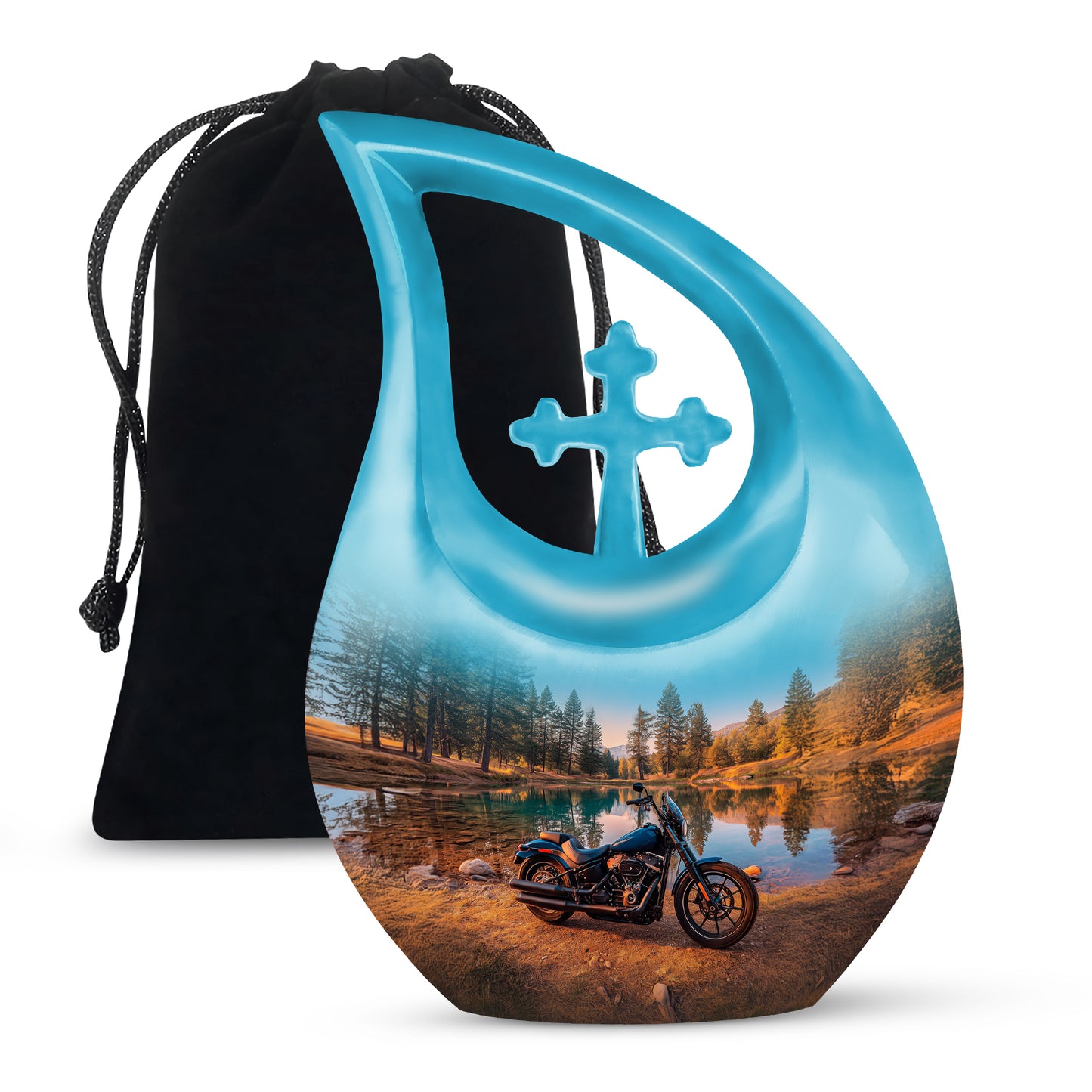 Soft Teal Bike Cremation Urn top-down view of secure threaded lid - cross and bike combined in spiritual memorial design - full-size 10 inch 200 cubic inch adult cremation urn