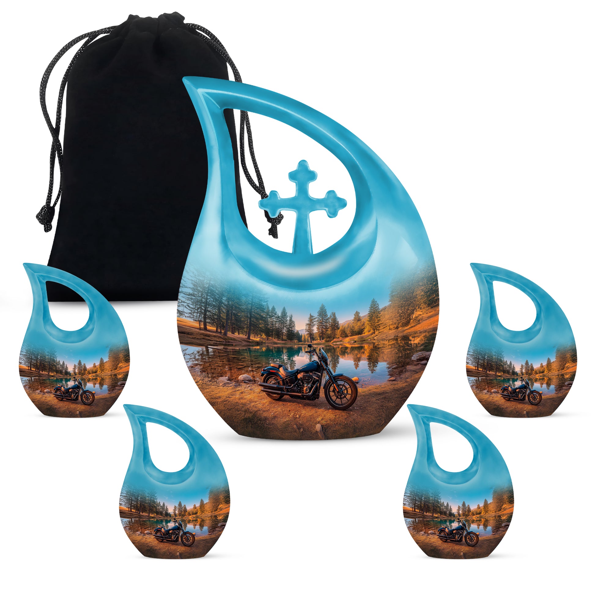 Jewel Teal Bike Cremation Urn urn with complimentary velvet bag - cross and bike combined in spiritual memorial design - memorial set with one large and four small urns