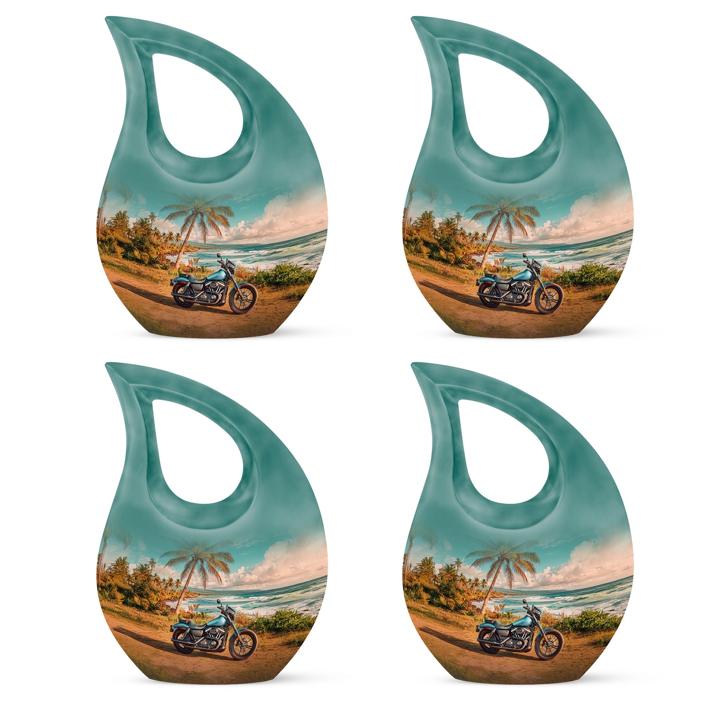 Aqua Teal Bike Cremation Urn lifestyle display on memorial shelf - devotional cross-drop bike engraving - 10 inch aluminum urn for cremated remains