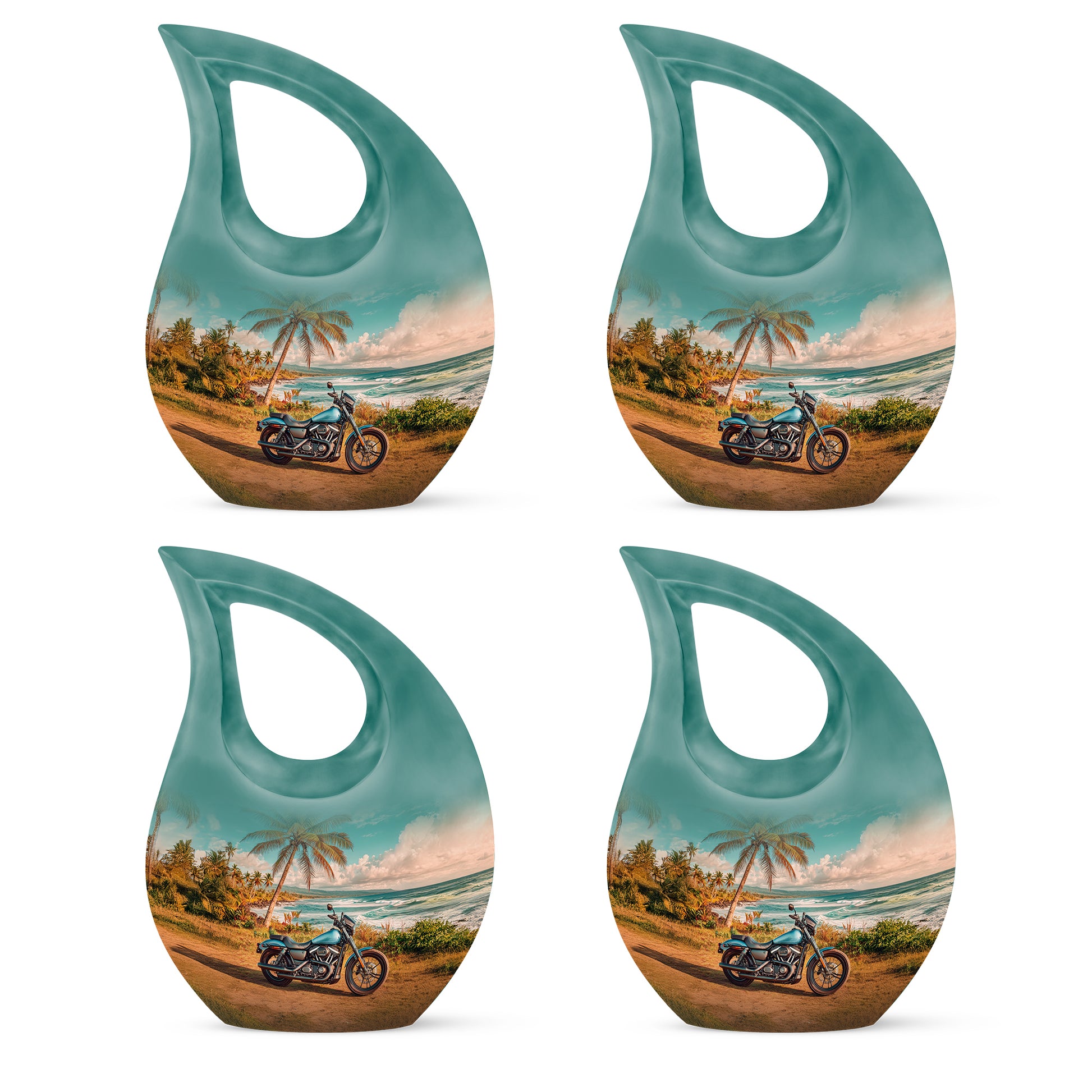 Aqua Teal Bike Cremation Urn lifestyle display on memorial shelf - devotional cross-drop bike engraving - 10 inch aluminum urn for cremated remains
